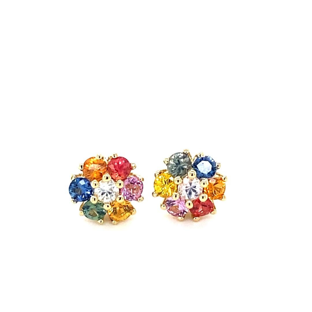 Cute, dainty earrings that are versatile and great for an everyday look! 
2.00 Carat Round Cut Natural Multi-Color Sapphire 14 Karat Yellow Gold Stud Earrings!

There are 14 Multi-Colored Sapphires set to create a Flower Petal Design.  The total