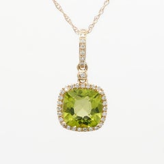 2.00 Carat Natural Cushion Cut Peridot & Diamond Halo Pendant Necklace