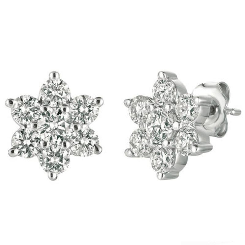 Round Cut 2.00 Carat Natural Diamond Cluster Flower Star Earrings G SI 14K White Gold For Sale