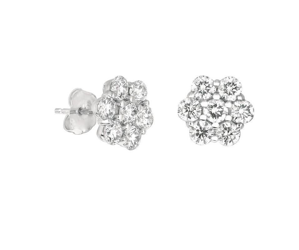 Contemporary 2.00 Carat Natural Diamond Flower Earrings G SI 14 Karat White Gold For Sale