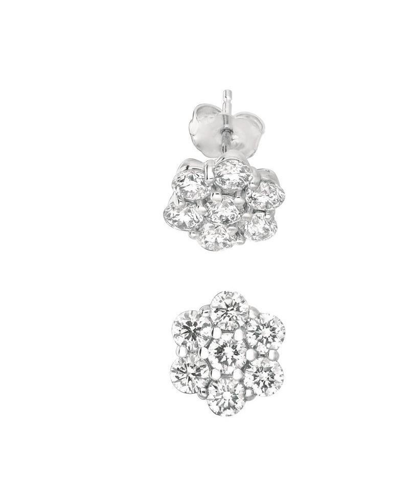 Round Cut 2.00 Carat Natural Diamond Flower Earrings G SI 14 Karat White Gold For Sale