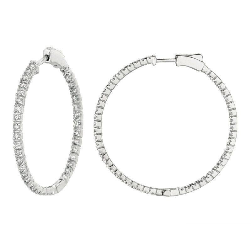 Round Cut 2.00 Carat Natural Diamond Hoop Earrings G-H SI in 14K White Gold 2 Pointers For Sale