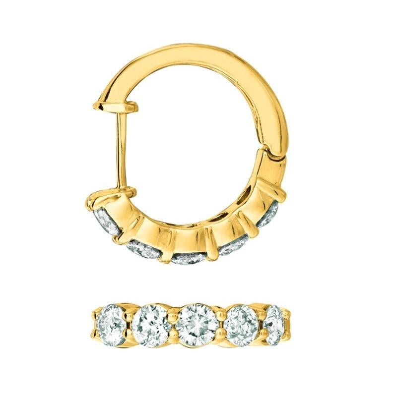 Round Cut 2.00 Carat Natural Diamond Hoop Earrings G SI 14 Karat Yellow Gold For Sale