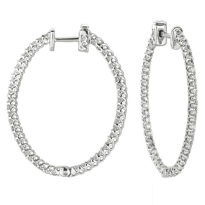 Contemporary 2.00 Carat Natural Diamond Oval Hoop Earrings G-H SI in 14k White Gold For Sale