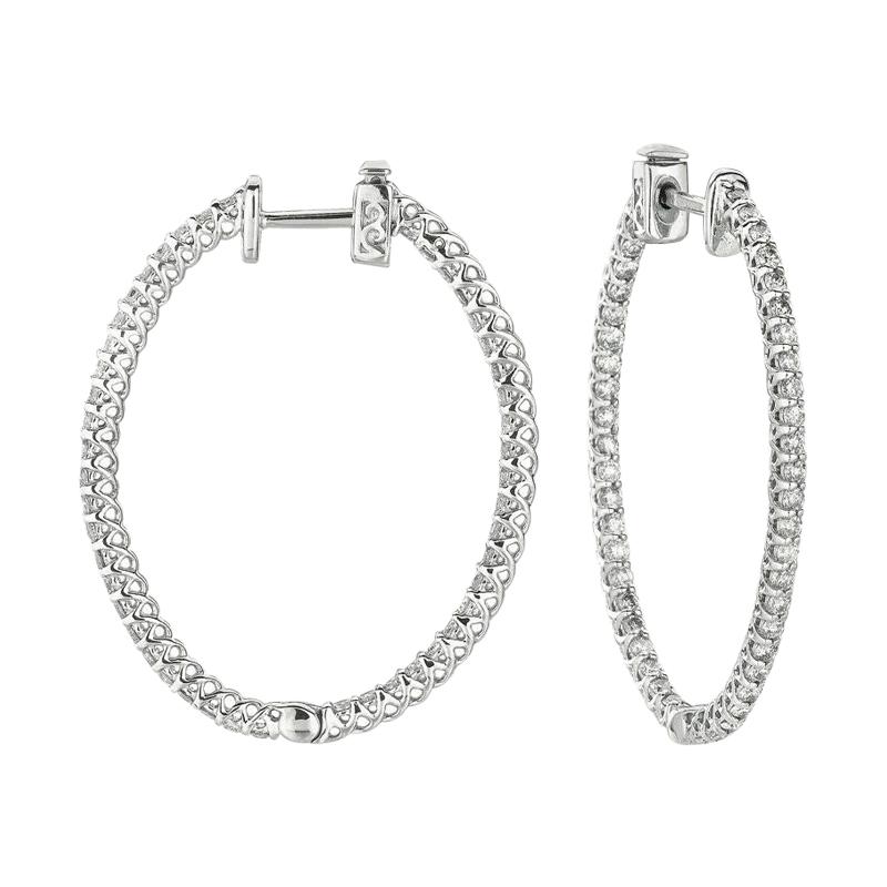 2.00 Carat Natural Diamond Oval Hoop Earrings G-H SI in 14k White Gold For Sale