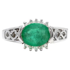 Esmeralda natural de 2,00 quilates y diamante Anillo de oro blanco macizo de 14k
