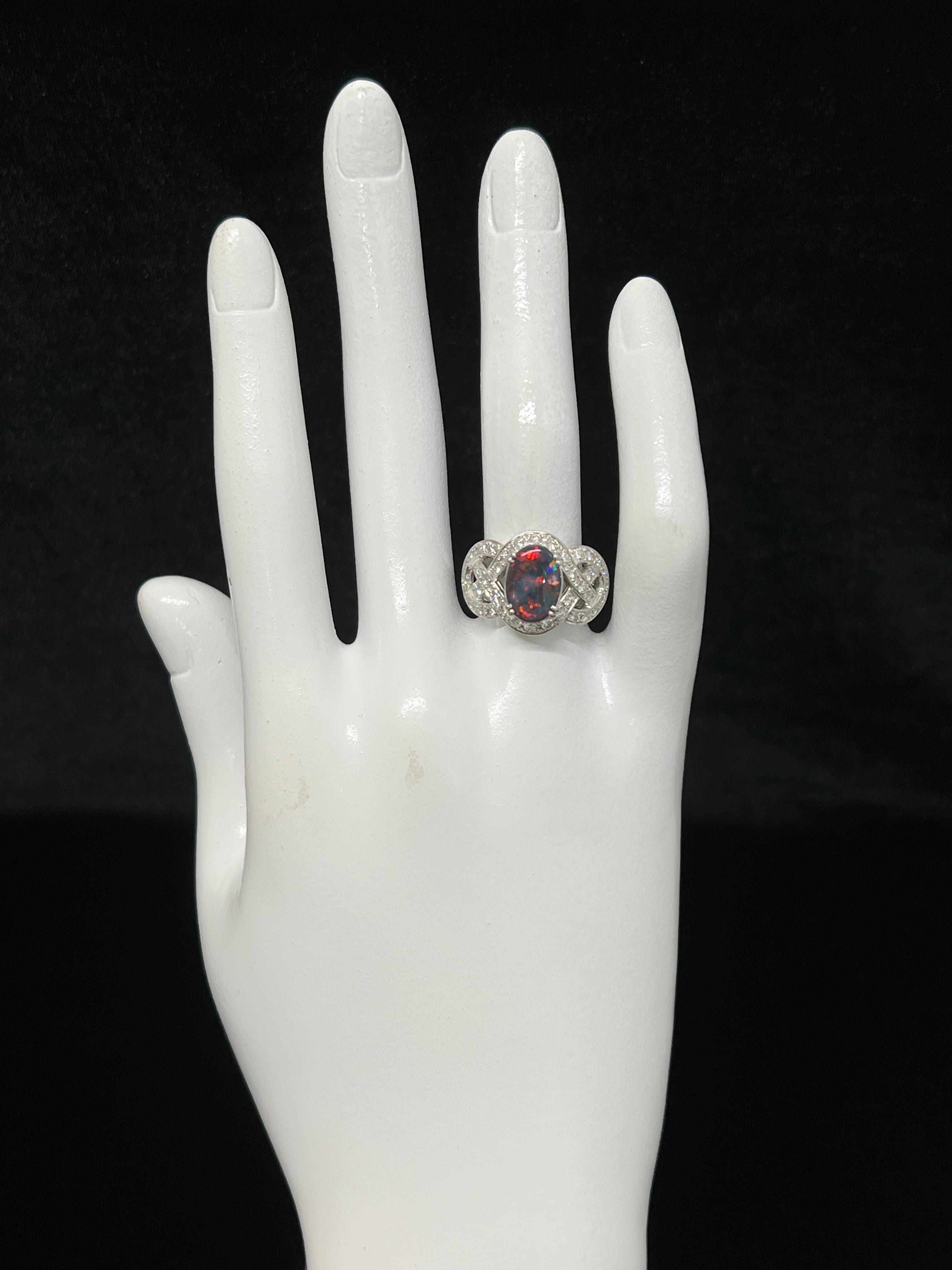 2.00 Carat Natural Lighting Ridge Black Opal and Diamond Ring Set in Platinum For Sale 1