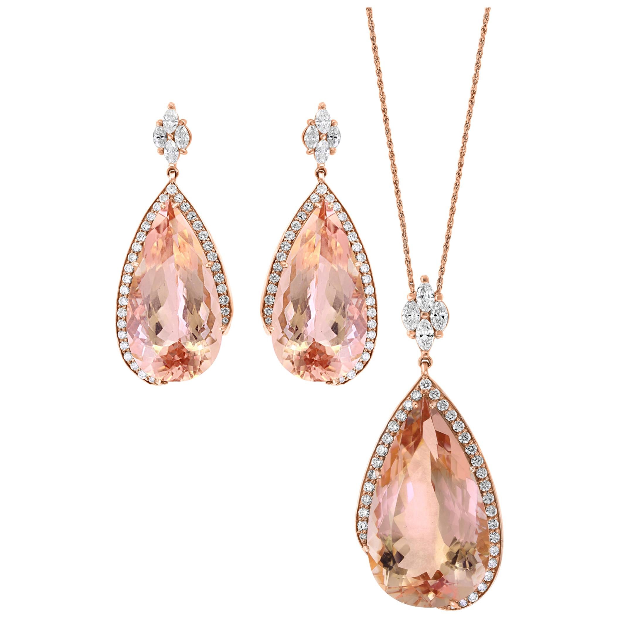 200 Carat Natural Morganite and Diamond Cocktail Earring and Pendant Set 18K PG For Sale