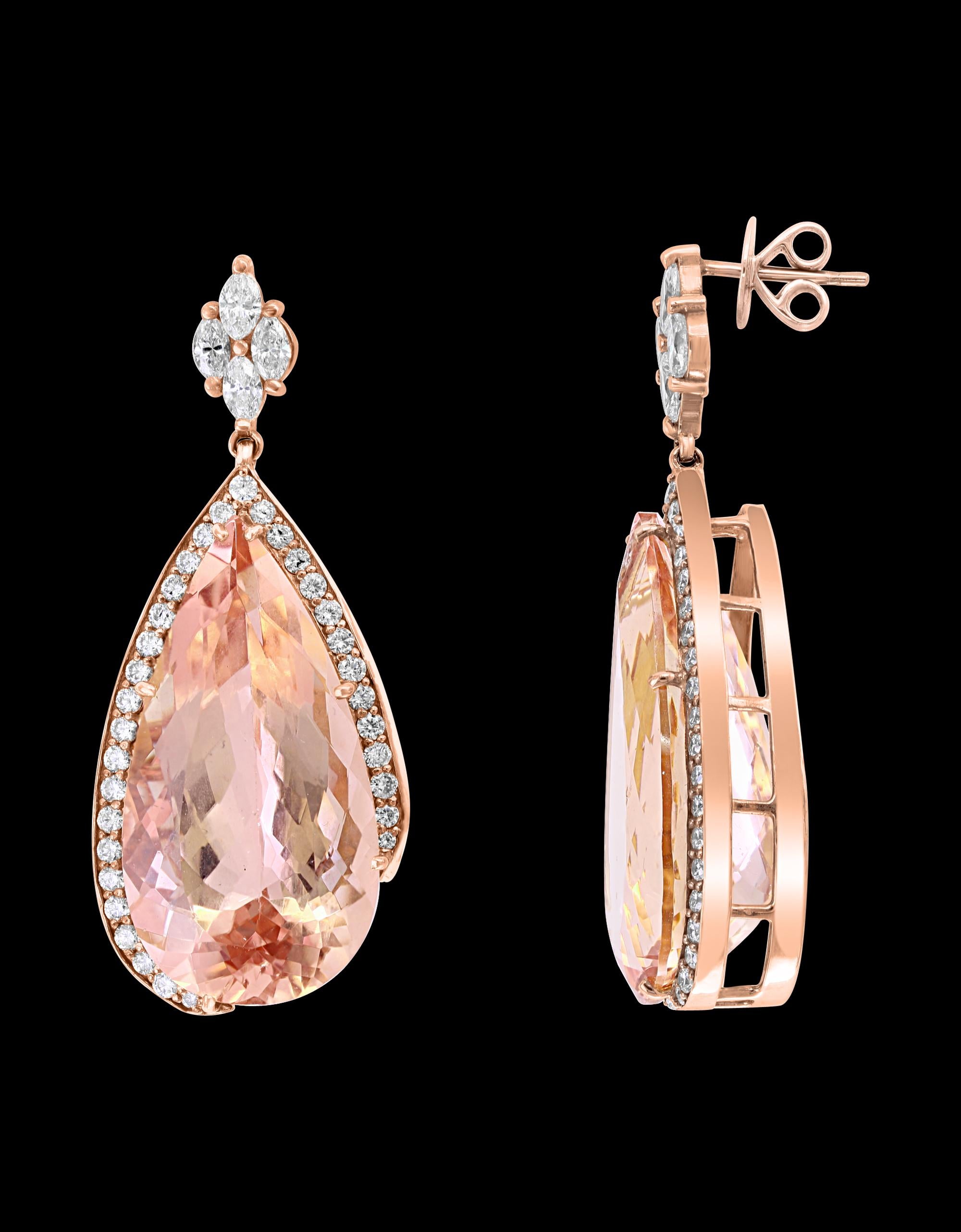Pear Cut 200 Carat Natural Morganite and Diamond Cocktail Earring and Pendant Set 18K PG For Sale