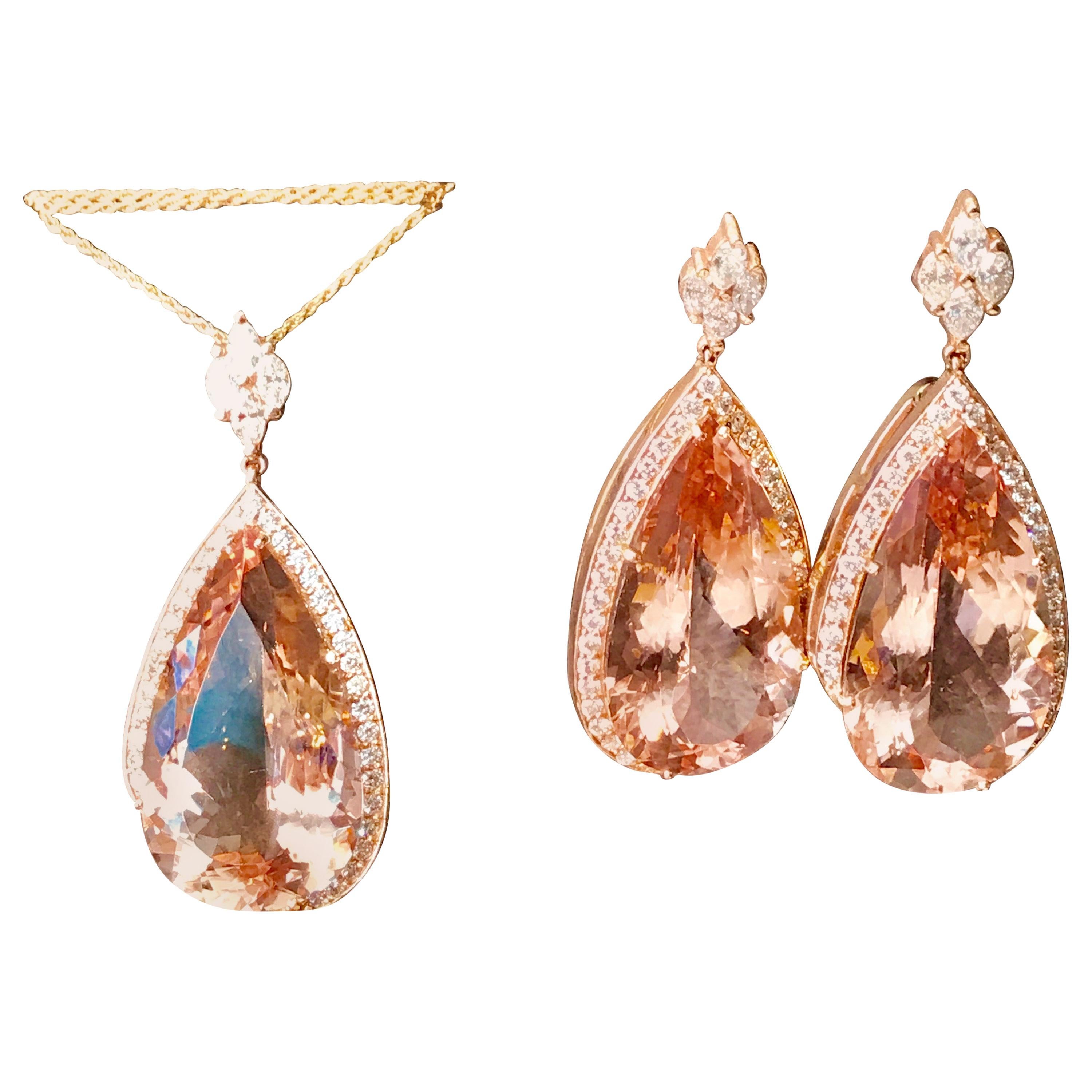 Approximately 200 Carat  Natural Morganite  & Diamond Cocktail  Earring And Pendant Set
perfect pair made in 18 Karat Pink  gold
Gold with stones weight 55 Grams
 Diamonds: approximate 7.5 ct 
Whole set is made in pink gold.
all three pieces are