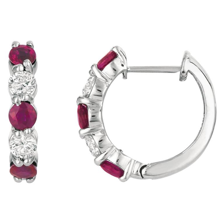 2.00 Carat Natural Ruby and Diamond Hoop Earrings G SI 14 Karat White Gold For Sale