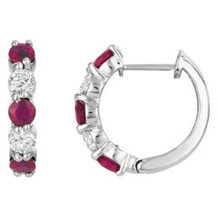 2.00 Carat Natural Ruby and Diamond Hoop Earrings G SI 14 Karat White Gold