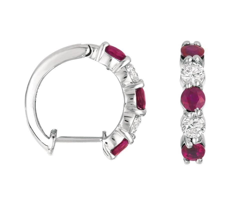Contemporary 2.00 Carat Natural Ruby and Diamond Hoop Earrings G SI 14 Karat White Gold For Sale