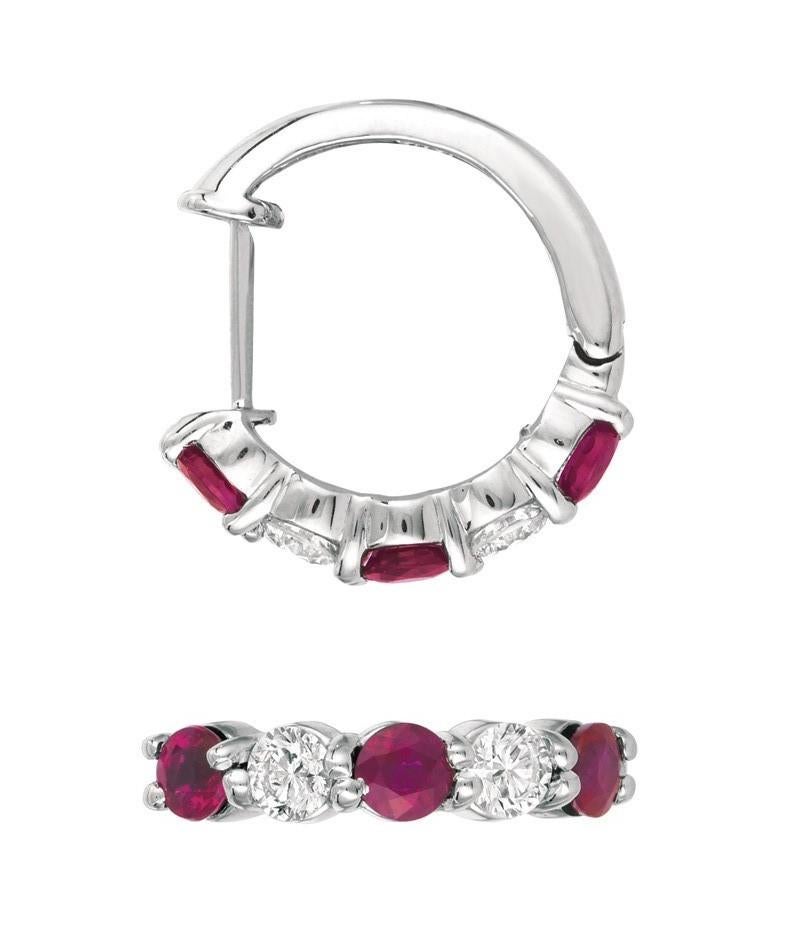 Round Cut 2.00 Carat Natural Ruby and Diamond Hoop Earrings G SI 14 Karat White Gold For Sale