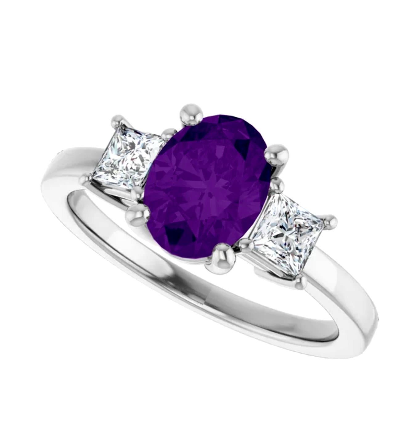 Classic Three Stone Engagement Ring
Primary Stones: Natural Sapphire
Shape or Cut: Oval Cut
Color/Clarity: Purple/ Clarity VS
Total Sapphire Weight: 1.52 carats (8.0mmx6.1mm)
Second Stone: Diamonds (3.1mmx3.1mm) Princes Cut, 0.42ct 