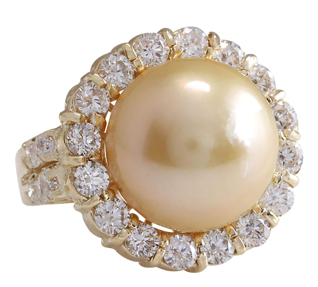 Natural South Sea Pearl Diamond Ring In 14 Karat Yellow Gold  In New Condition For Sale In Los Angeles, CA
