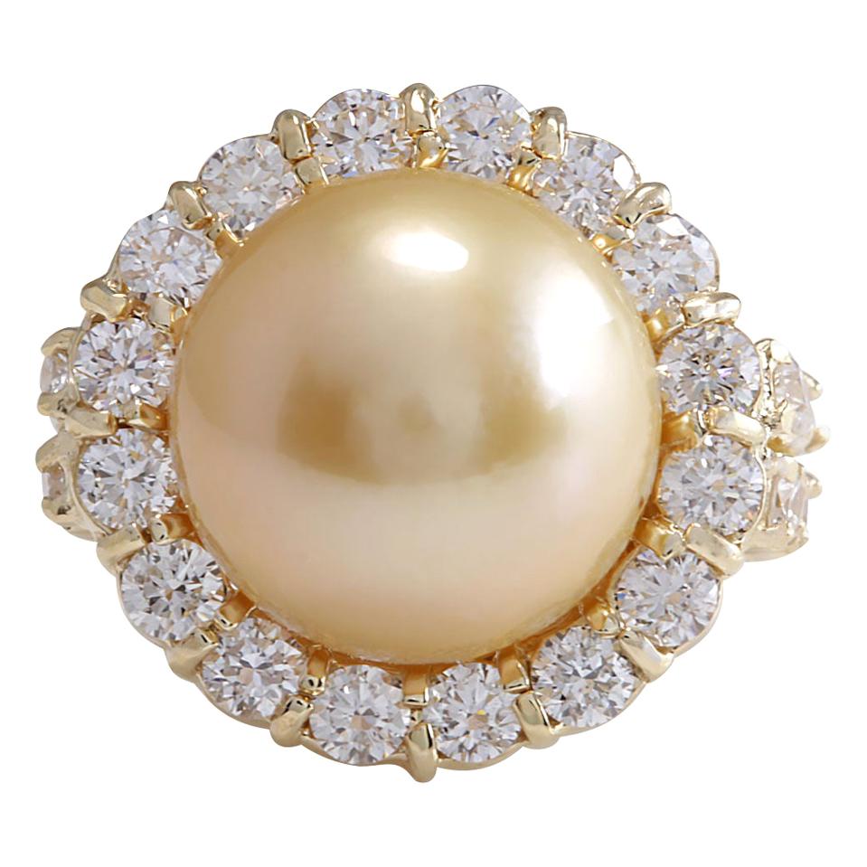 Bague en or jaune 14 carats avec perle naturelle des mers du Sud et diamants 