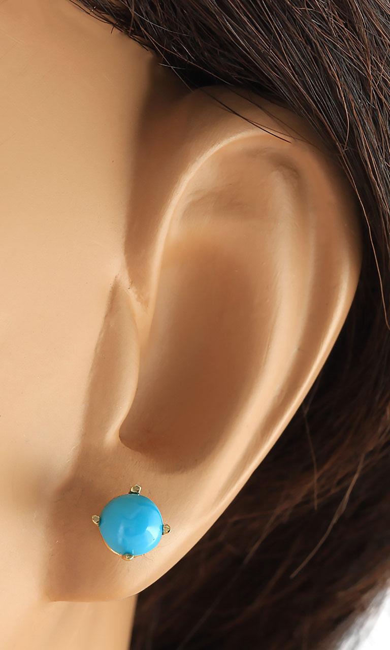 Round Cut Turquoise Stud Earrings In 14 Karat Yellow Gold For Sale