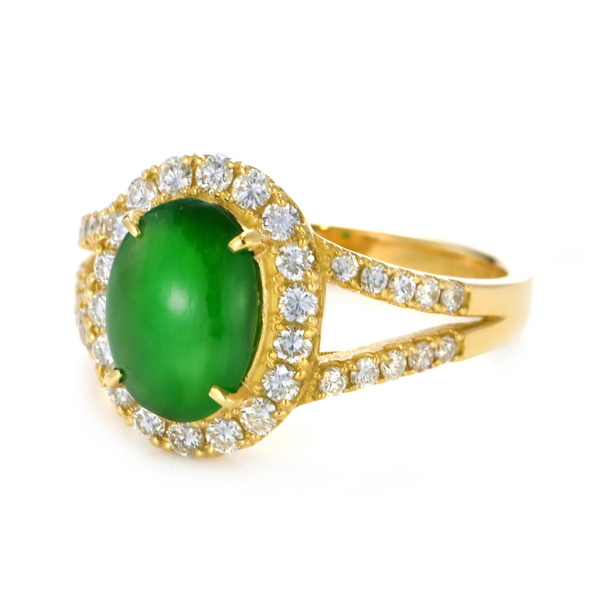 Cabochon 2.00 Carat Natural Type A Jade and Diamond Ring Made in 18 Karat Gold For Sale