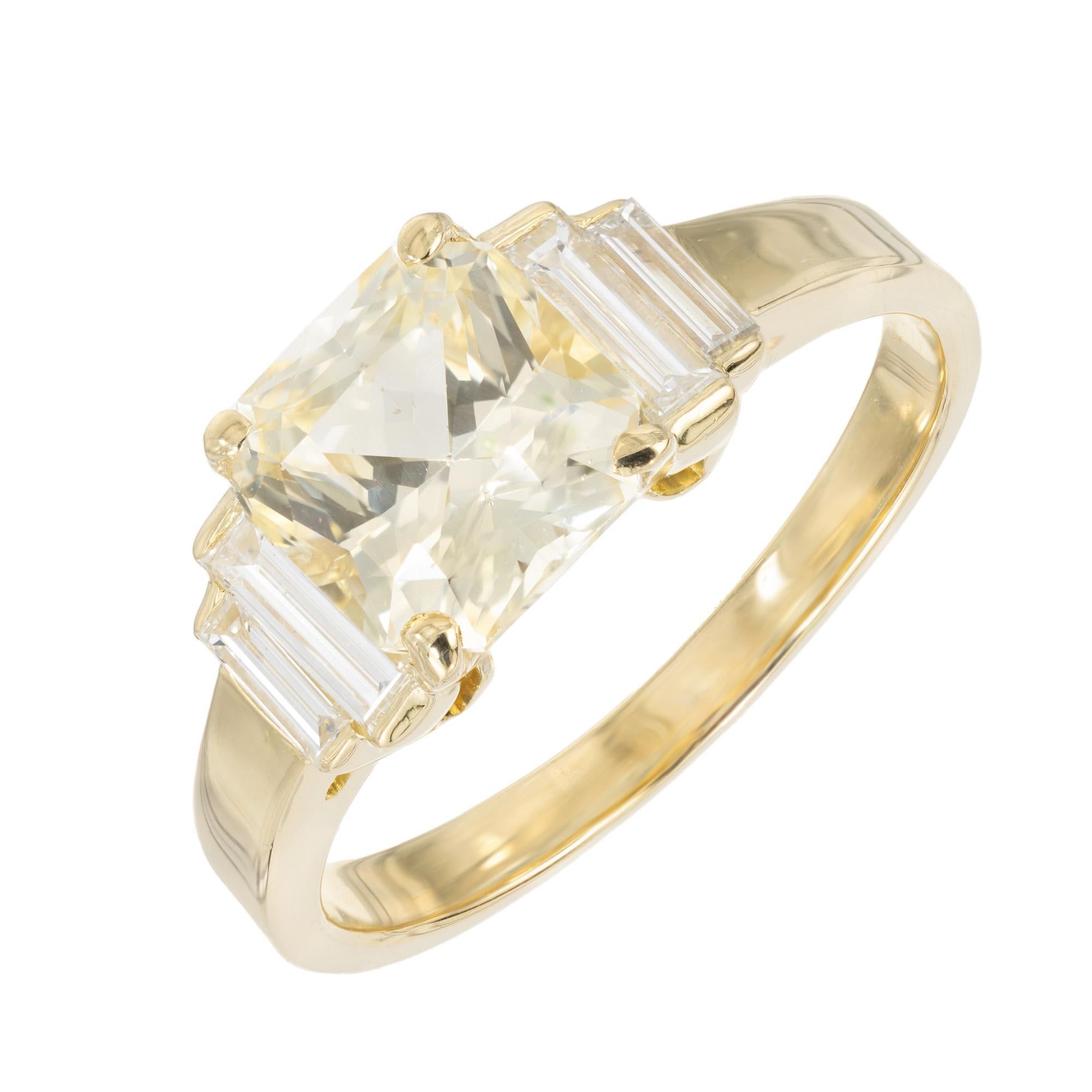 1940's Art Deco fancy color natural no heat, no enhancement Sapphires are just as rare as natural fancy color diamonds. This 2.00ct octagonal light yellow sapphire center stone is mounted in an 18k yellow gold setting and accented by 2 straight