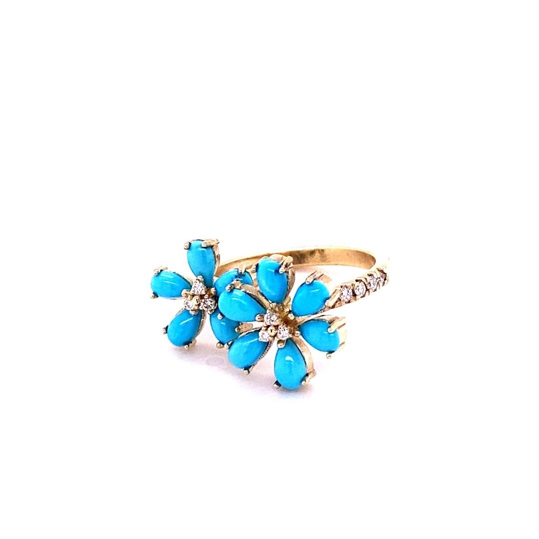 Taille poire 2.00 Carat Pear Cut Turquoise Diamond Yellow Gold Cocktail Ring en vente
