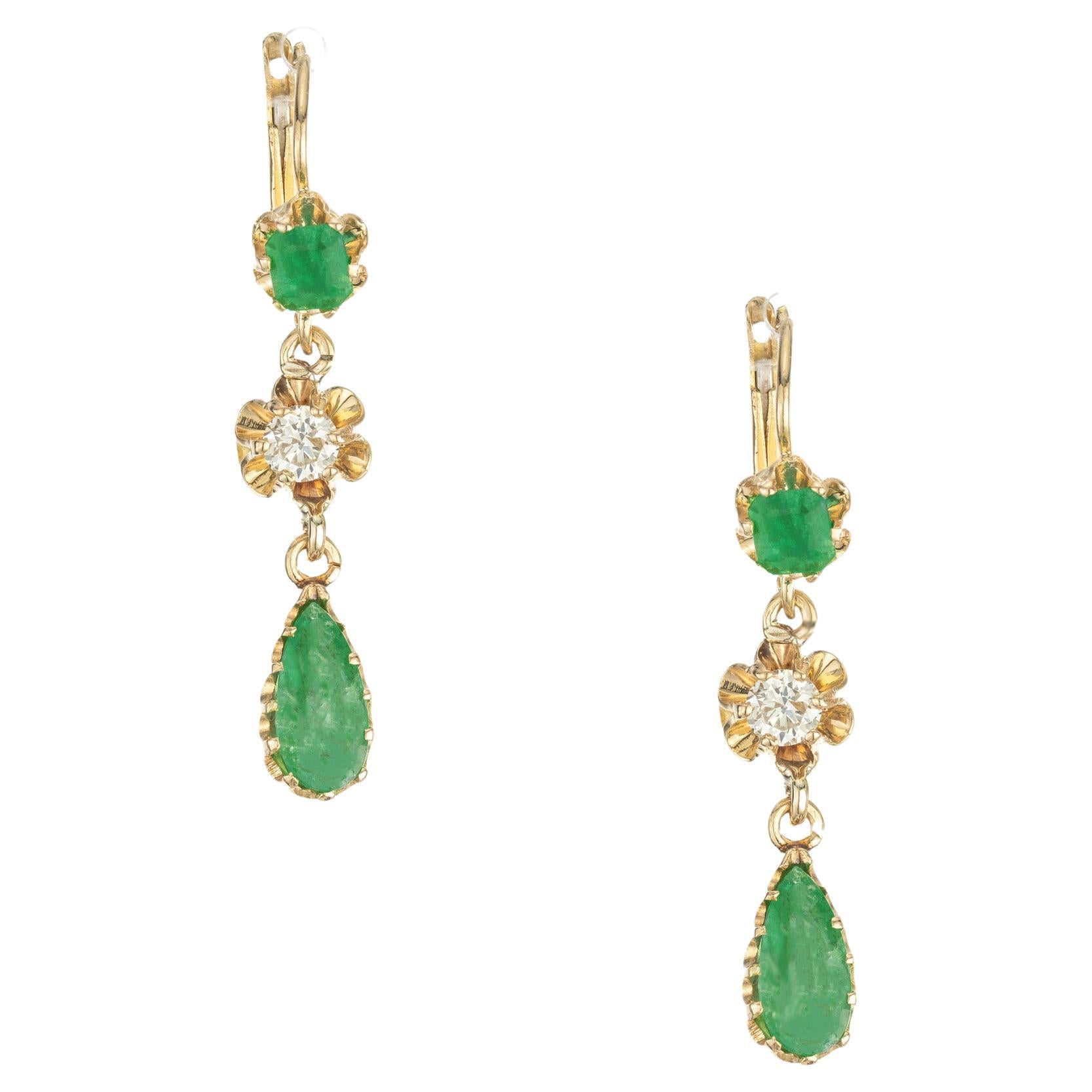 2.00 Carat Pear Emerald Diamond Yellow Gold Dangle Earrings