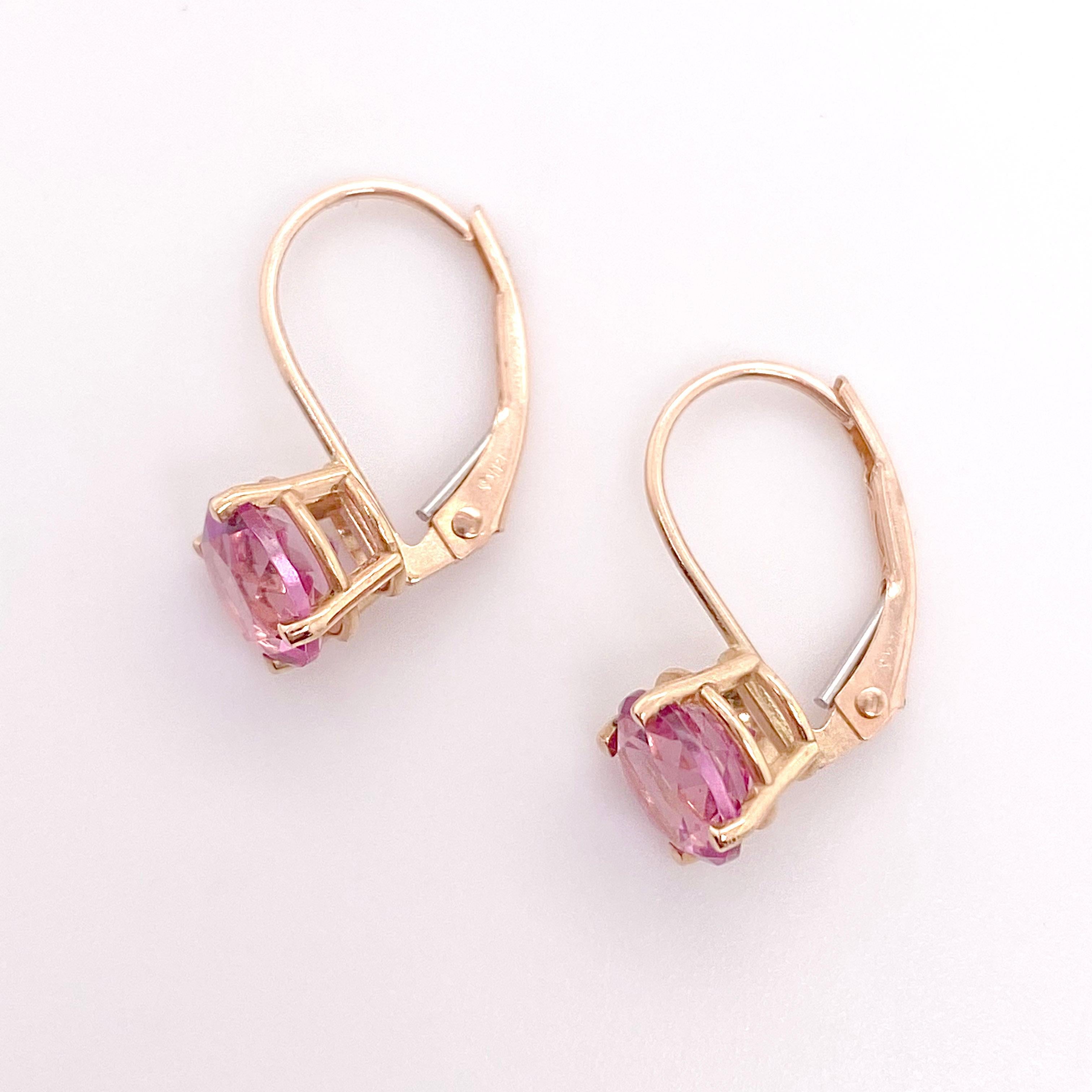 Contemporary 2.00 Carat Pink Topaz Dangle Earrings 14 Karat Rose Gold Lever Back Earrings For Sale