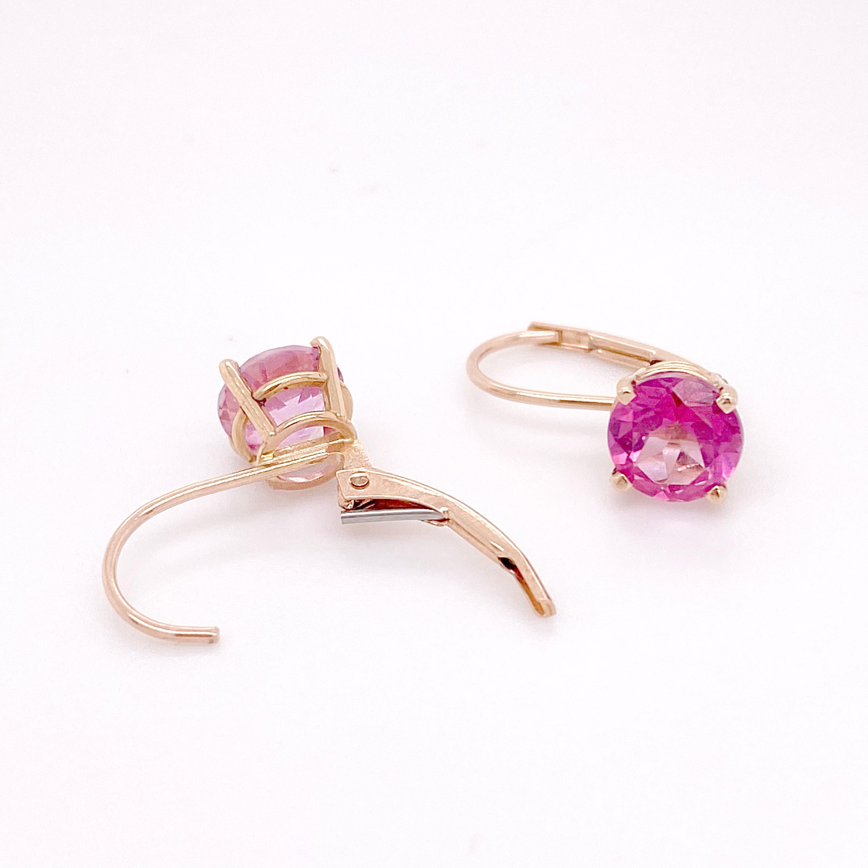 Round Cut 2.00 Carat Pink Topaz Dangle Earrings 14 Karat Rose Gold Lever Back Earrings For Sale