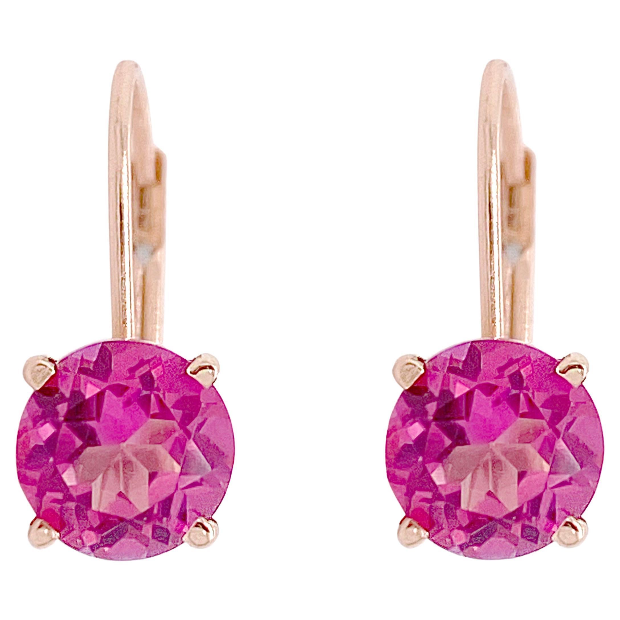2.00 Carat Pink Topaz Dangle Earrings 14 Karat Rose Gold Lever Back Earrings For Sale