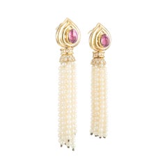 2.00 Carat Pink Tourmaline Diamond Pearl Tassel Gold Dangle Drop Earrings