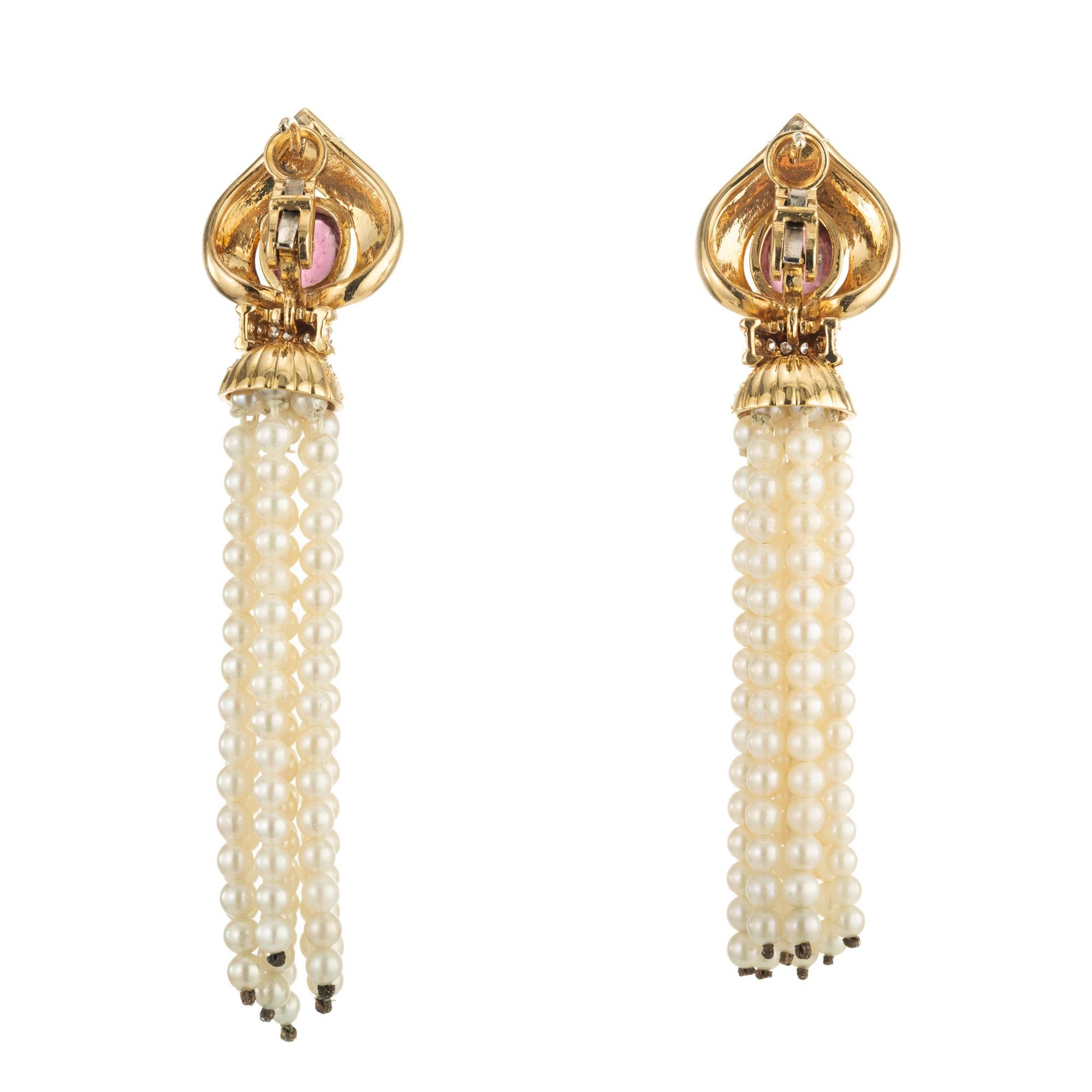 Taille cabochon 2.00 Carat Pink Diamond Tourmaline Perle Tassel Boucles d'oreilles pendantes en or en vente