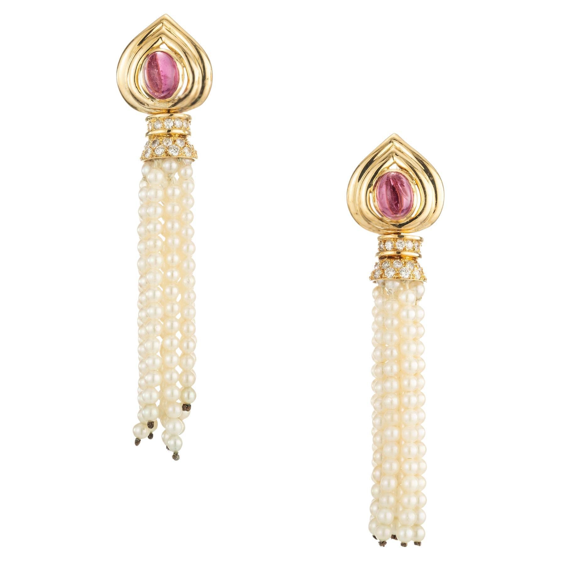 2.00 Carat Pink Tourmaline Diamond Pearl Tassel Gold Dangle Drop Earrings