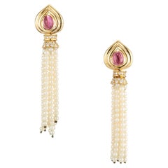 2.00 Carat Pink Tourmaline Diamond Pearl Tassel Gold Dangle Drop Earrings