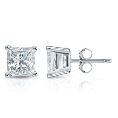 2.00 Carat Princess Brilliant Cut Diamond Stud Earrings 18k White Gold Setting