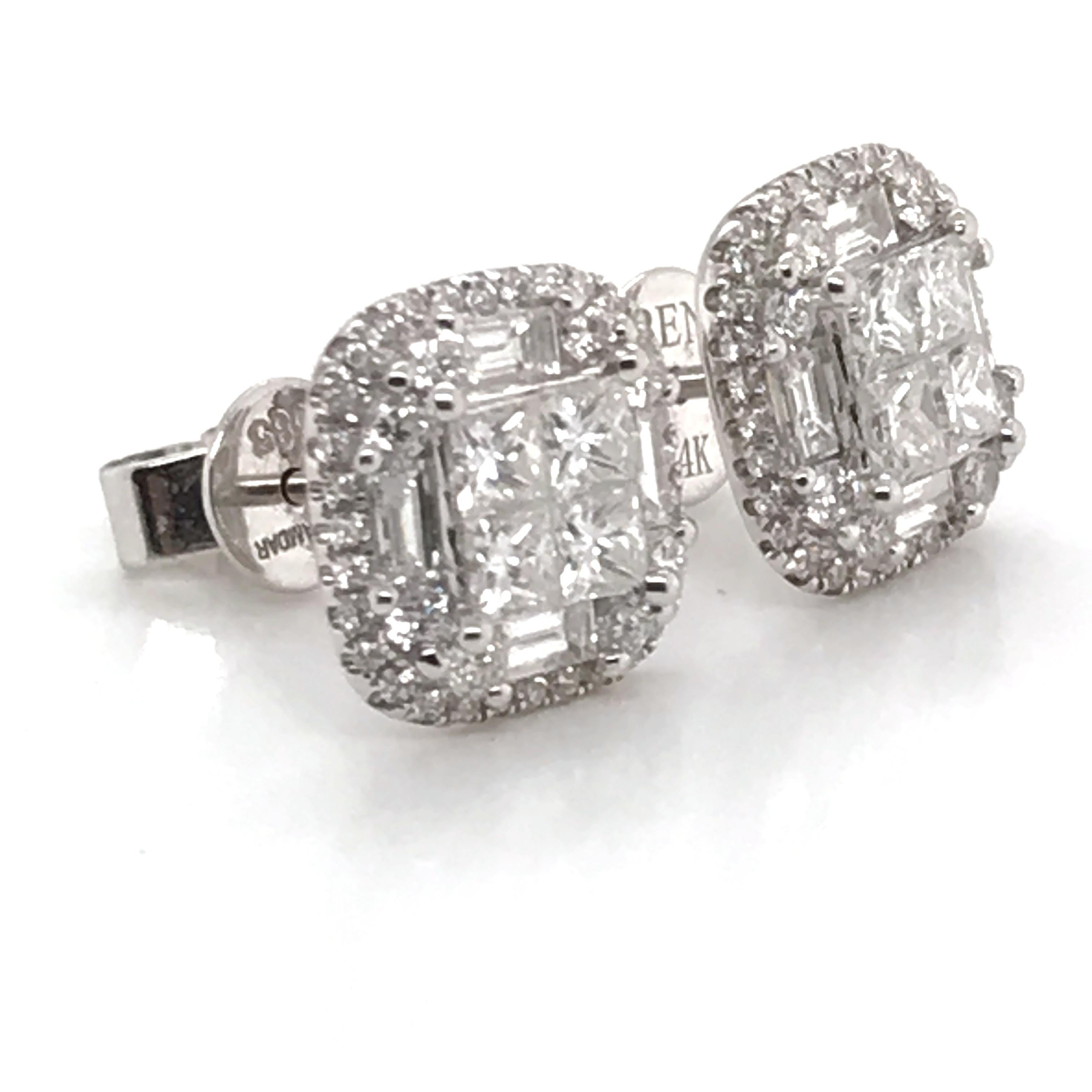 Princess Cut 2.00 Carat Princess Cluster Diamond Earrings with Rounds and Baguettes For Sale