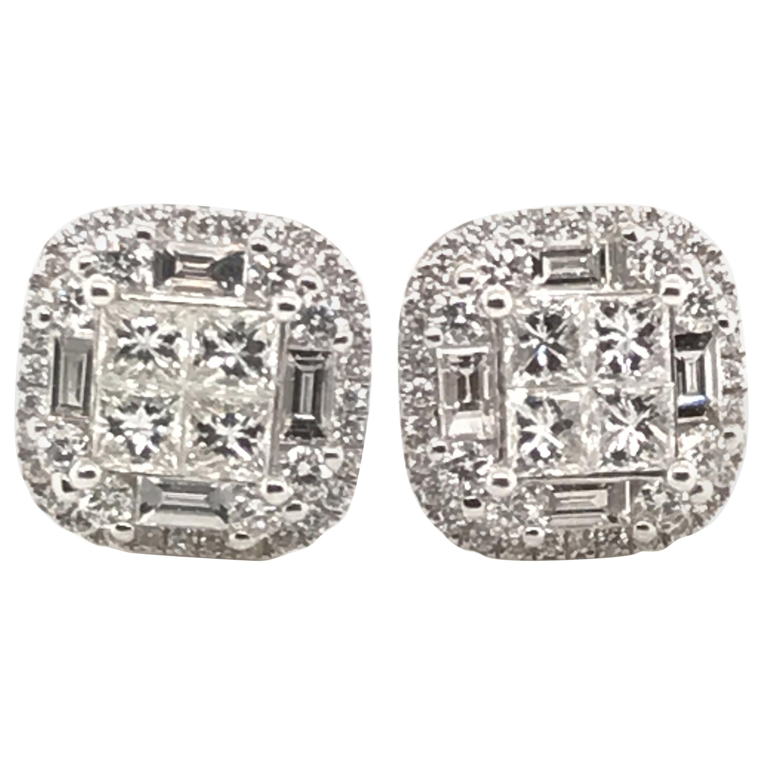 2.00 Carat Princess Cluster Diamond Earrings with Rounds and Baguettes For Sale