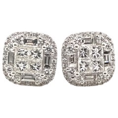 2.00 Carat Princess Cluster Diamond Earrings with Rounds and Baguettes