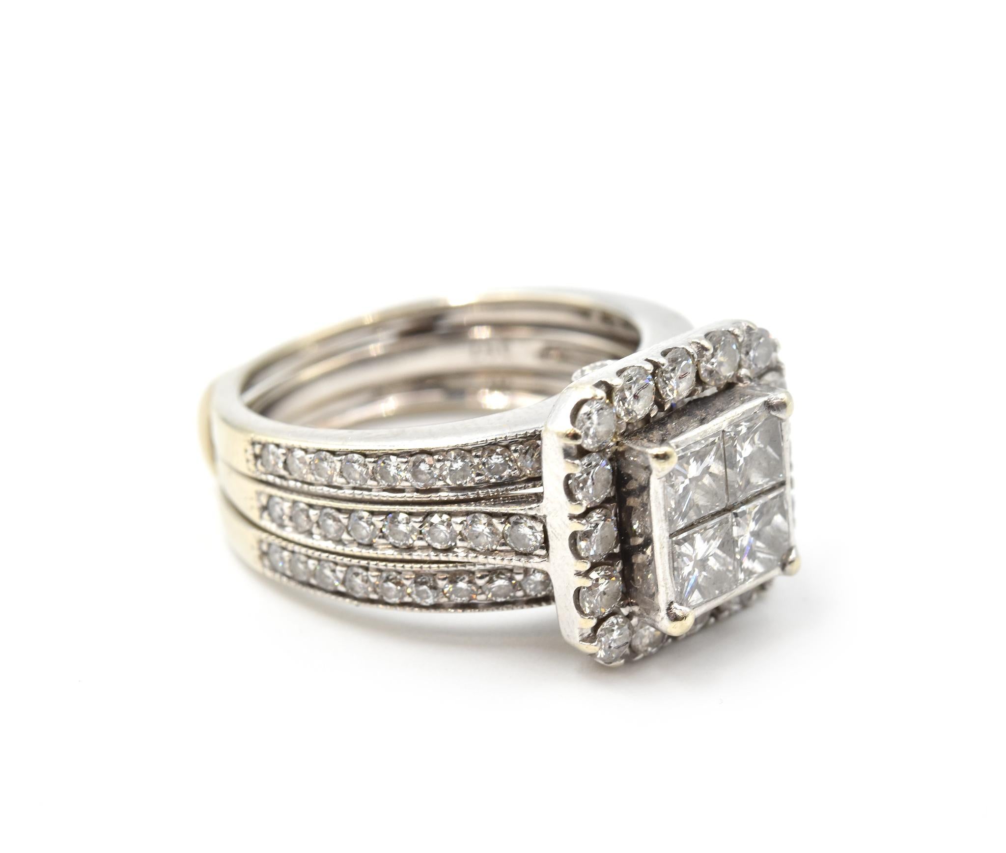 Designer: custom design
Material: 14k white gold
Princess Cut Diamonds: four princess cut = 1.00 carat weight
Color: G
Clarity: VS2-SI1
Diamonds: 76 round brilliant cut = 1.00 carat weight
Color: G
Clarity: VS2-SI1
Carat Total Weight: 2.00
Ring