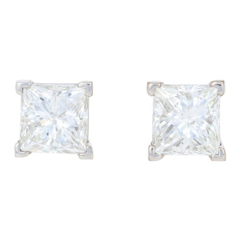 2.00 Carat Princess Cut Diamond Earrings, 14 Karat White Gold Pierced Studs