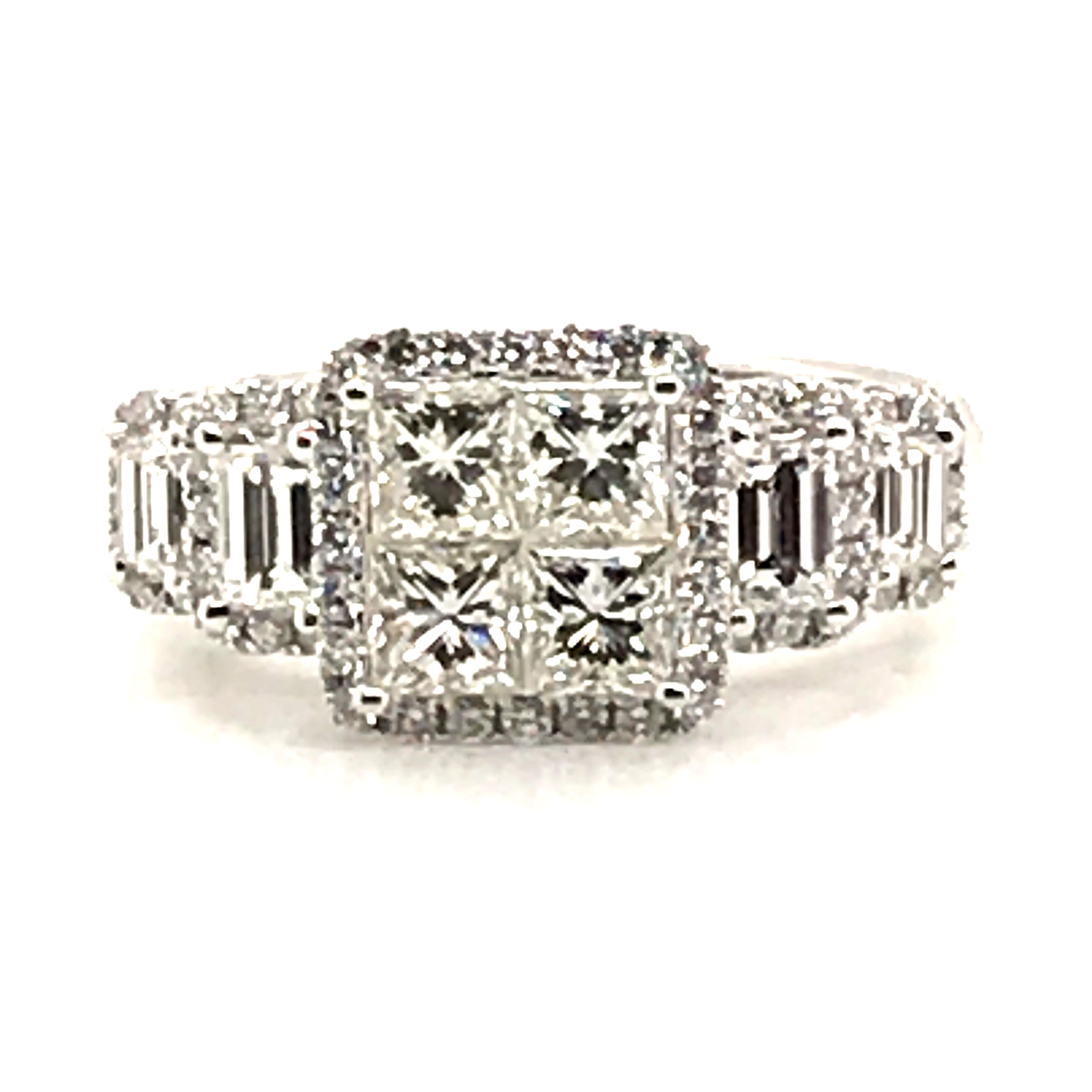 HJN Inc. Ring featuring a 2.00 Carat Princess Cut With Halo Round Diamond Ring with 14K White Gold.

Baguette-Cut Diamond Weight: 0.64 Carats
Princess-Cut Diamond Weight: 1.02 Carats
Round-Cut Diamond Weight: 0.34 Carats

Total Stones: 64
Clarity