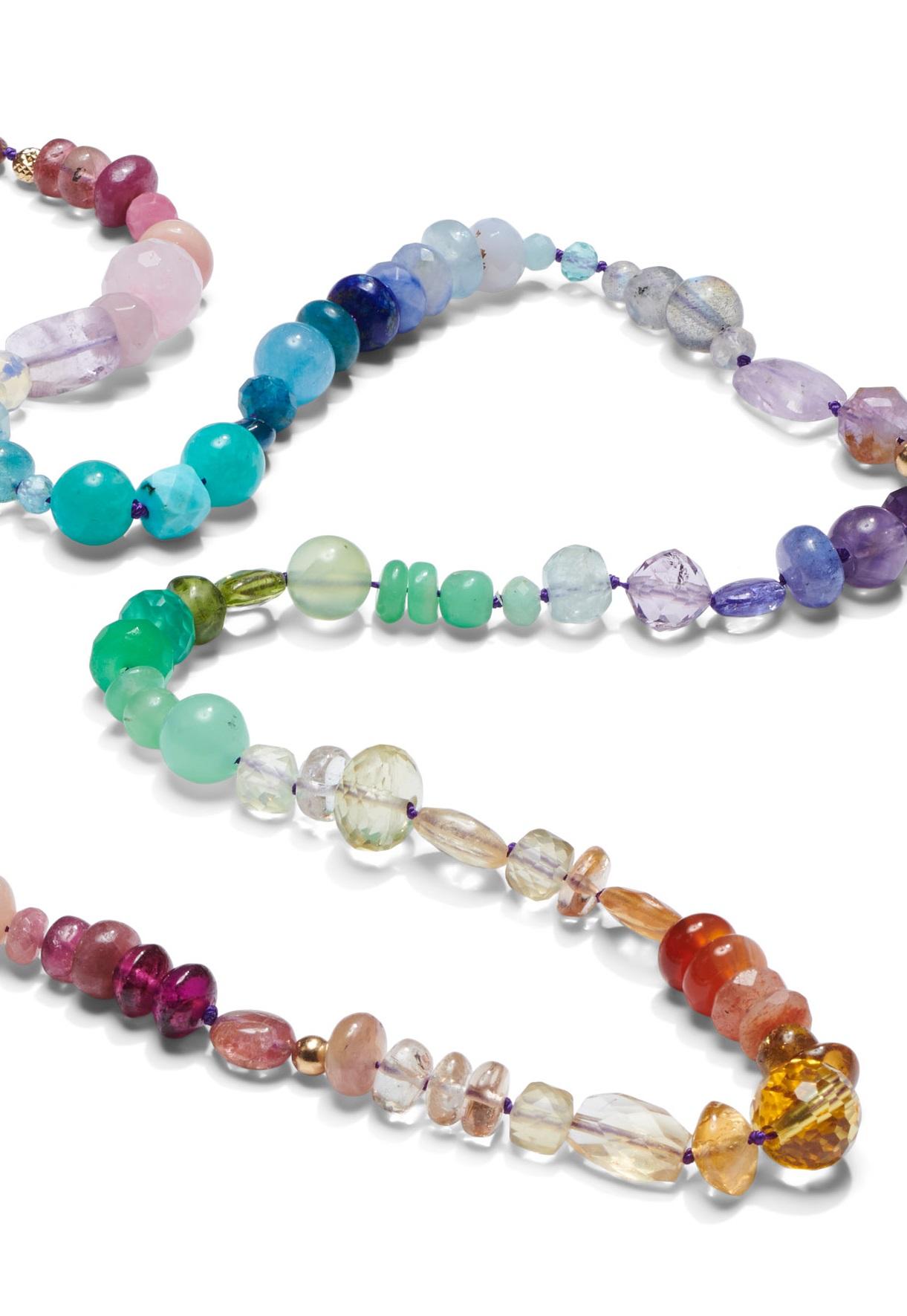 Modern 200 Carat Rainbow Sapphire And Arizona Turquoise Beaded Necklace in 14K Gold For Sale