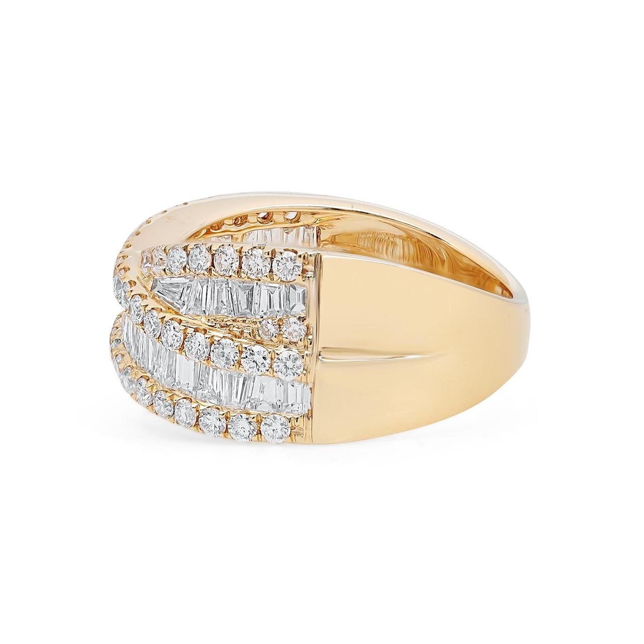 Elevate your style with the dazzling elegance of the 2.00 Carat Round and Baguette Diamond Crossover Fashion Ring in 18K Yellow Gold. Perfect for any occasion, this magnificent ring beautifully celebrates your love and individuality. Crafted with