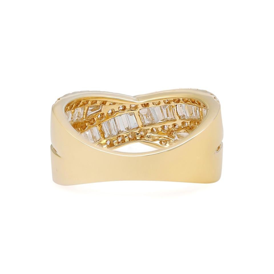 Baguette Cut 2.00 Carat Round and Baguette Diamond Crossover Fashion Ring 18K Yellow Gold For Sale