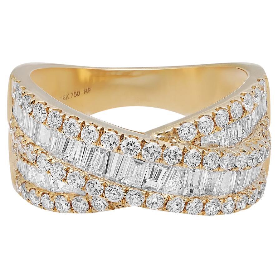 Bague à la mode croisée en or jaune 18 carats avec diamants ronds et baguettes de 2,00 carats