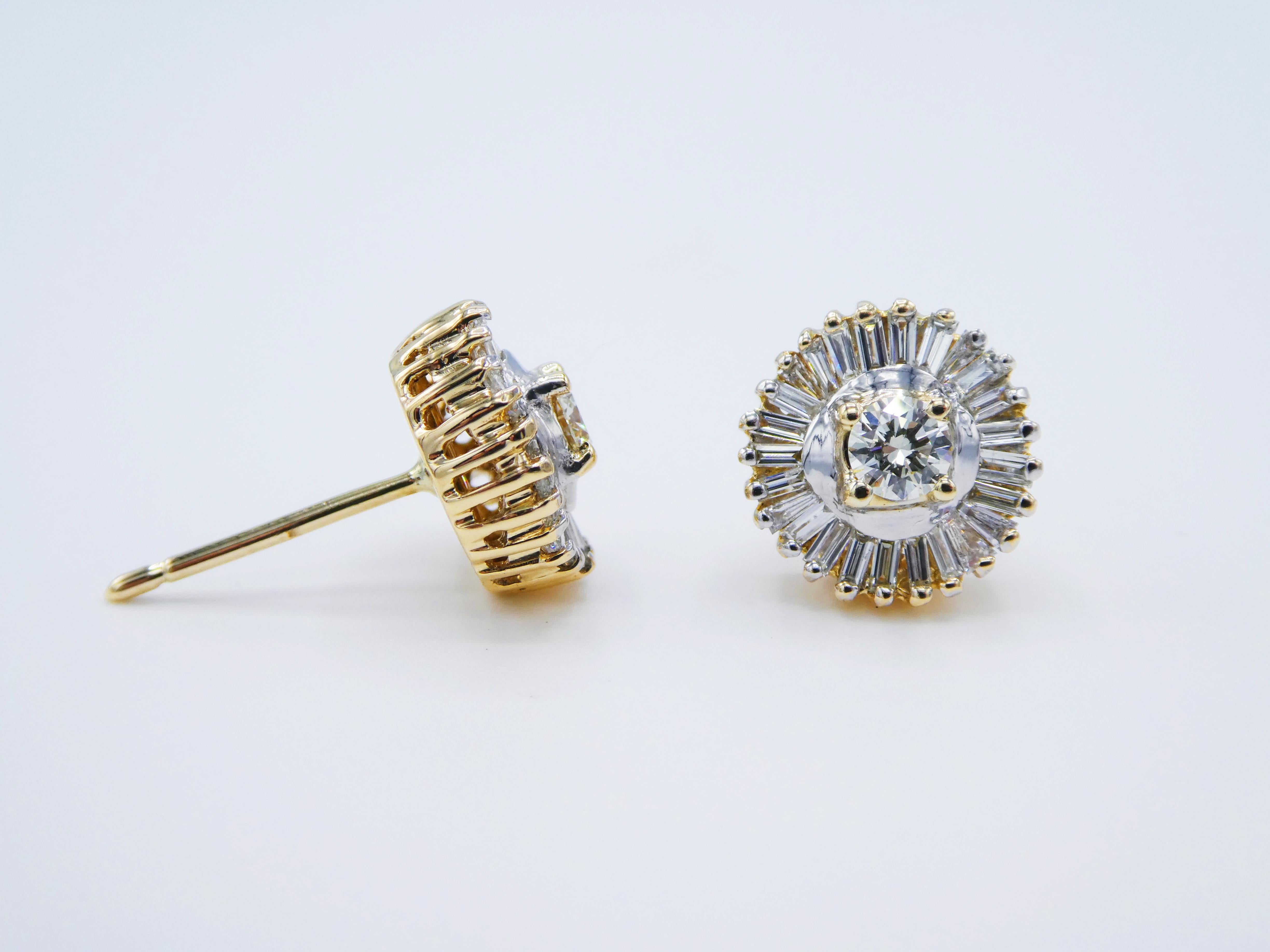 2.00 CTW Halo Baguette Round Brilliant Cut Diamond Stud Earrings Push Backs

Metal: 14k white/yellow gold 
Diamonds: 2 round brilliant cut diamonds 0.20ct each, G-H VS, 50 baguette cut diamonds in the halo, approx. 1.60 CTW G-H VS
Weight: 7