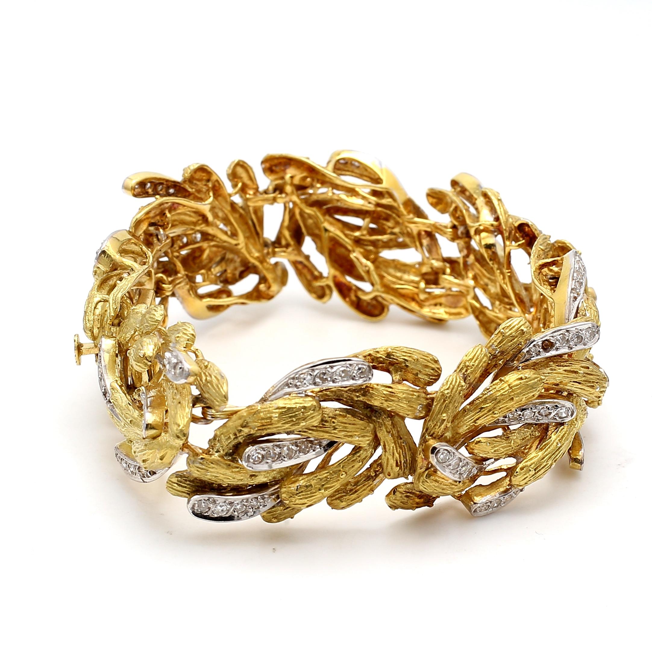 Bracelet texturé en or jaune 18 carats avec diamants ronds brillants de 2,00 carats Bon état - En vente à New York, NY