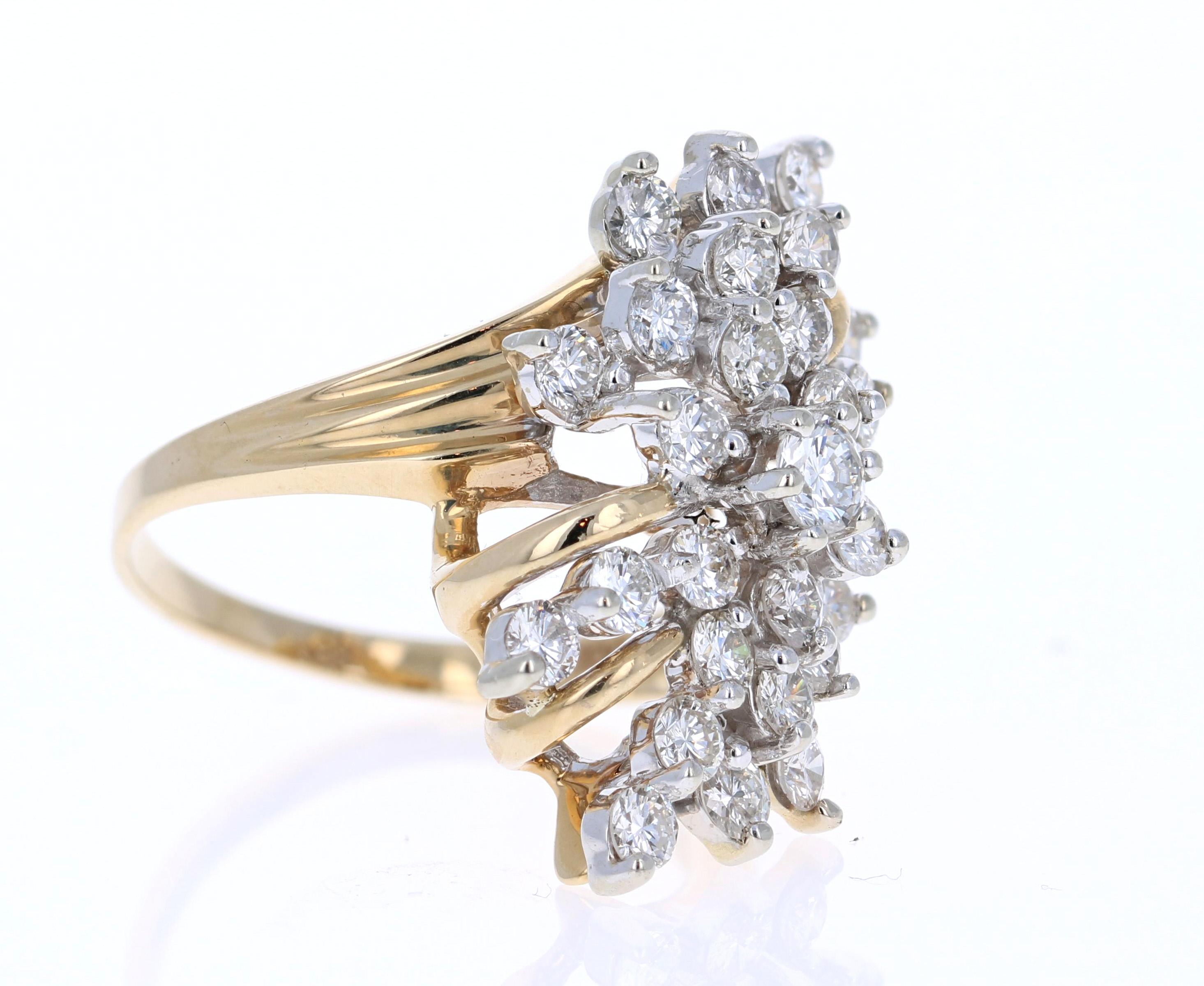 This unique cluster ring has 27 Round Cut Diamond that weigh 2.00 Carats (Clarity: VS, Color: F)

The ring is set in 14 Karat Yellow Gold and has an approximate weight of 7.4 grams. 

The ring is a size 7 and can be re-sized free of charge if