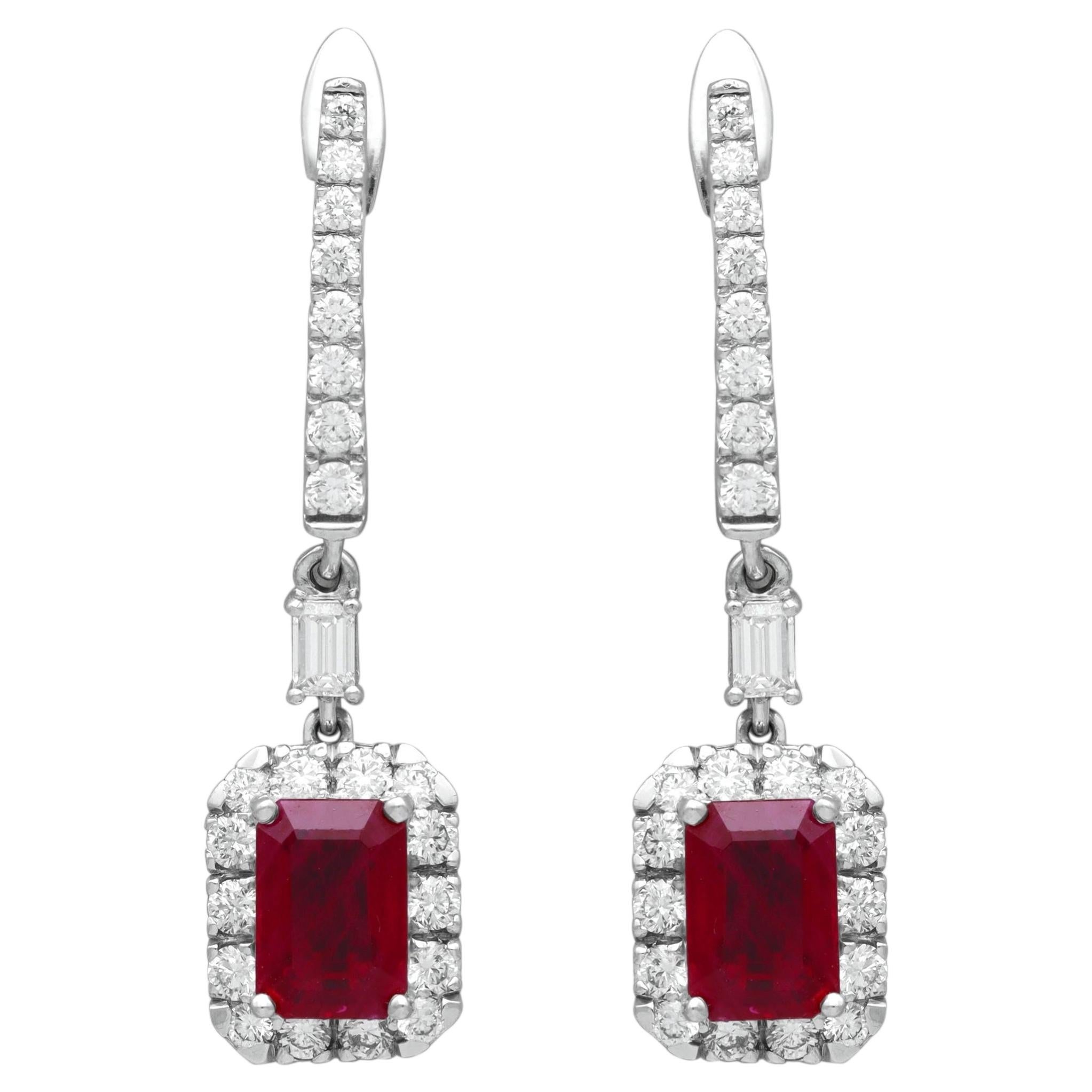 2.00 Carat Ruby and 1.50 Carat Diamond Platinum Drop Earrings Circa 2000 For Sale
