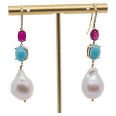 2.00 Carat Ruby Turquoise Diamond Pearl Drop Earring