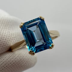 2.00 Carat Swiss Blue Topaz Emerald Octagonal Cut Yellow Gold Solitaire Ring